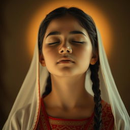 A zenithal shot capturing a religious image of a Caucasian Latina girl with her eyes closed, suggesting a moment of spiritual reflection