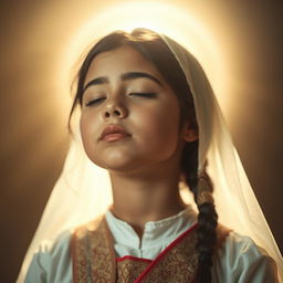 A zenithal shot capturing a religious image of a Caucasian Latina girl with her eyes closed, suggesting a moment of spiritual reflection