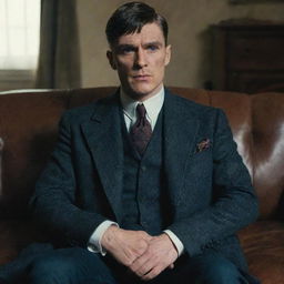 Thomas Shelby, in all his intimidating glory, sitting sternly on a sofa.