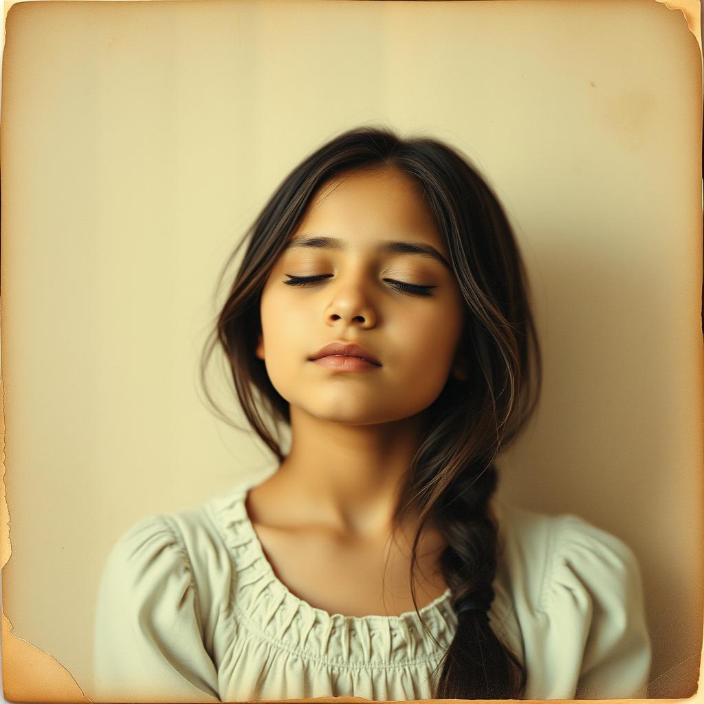 A zenithal shot resembling a photo from a diary, capturing a Caucasian Latina girl with her eyes closed in a moment of peaceful reflection