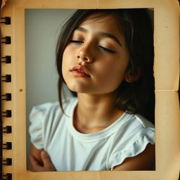 A zenithal shot resembling a photo from a diary, capturing a Caucasian Latina girl with her eyes closed in a moment of peaceful reflection