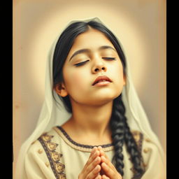 Crafted in the style of a vintage Catholic holy card, this zenithal shot captures a Caucasian Latina girl with her eyes closed in prayerful reflection