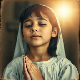 Crafted in the style of a vintage Catholic holy card, this zenithal shot captures a Caucasian Latina girl with her eyes closed in prayerful reflection