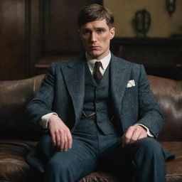 Thomas Shelby, in all his intimidating glory, sitting sternly on a sofa.