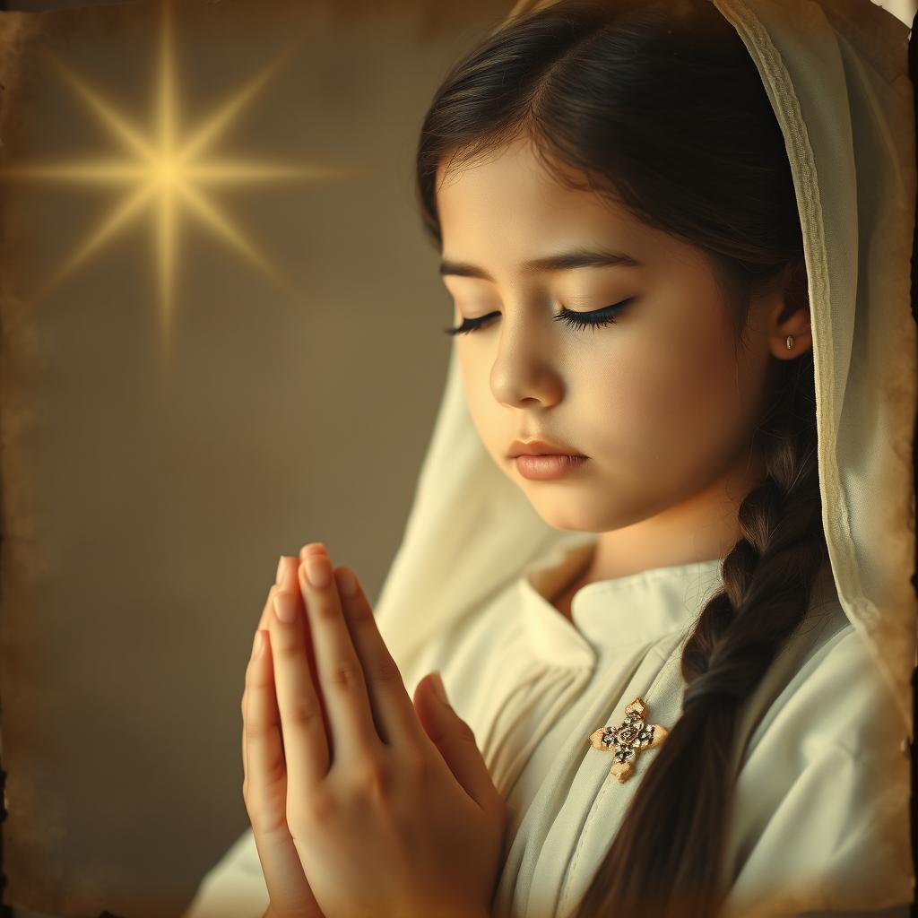 Crafted in the style of a vintage Catholic holy card, this zenithal shot captures a Caucasian Latina girl with her eyes closed in prayerful reflection