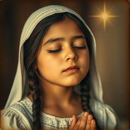 Crafted in the style of a vintage Catholic holy card, this zenithal shot captures a Caucasian Latina girl with her eyes closed in prayerful reflection