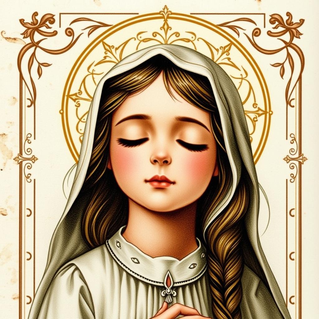 A beautifully crafted Catholic holy card featuring a girl with her eyes closed, exuding a sense of peace and sanctity