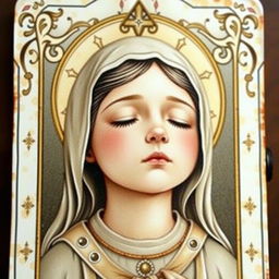 A beautifully crafted Catholic holy card featuring a girl with her eyes closed, exuding a sense of peace and sanctity