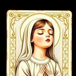 A beautifully crafted Catholic holy card featuring a girl with her eyes closed, exuding a sense of peace and sanctity