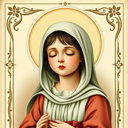 A beautifully crafted Catholic holy card featuring a girl with her eyes closed, exuding a sense of peace and sanctity