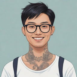 An anime-style illustration of a young Asian man with a friendly smile. He wears modern glasses and sports expertly crafted tattoos on his neck.