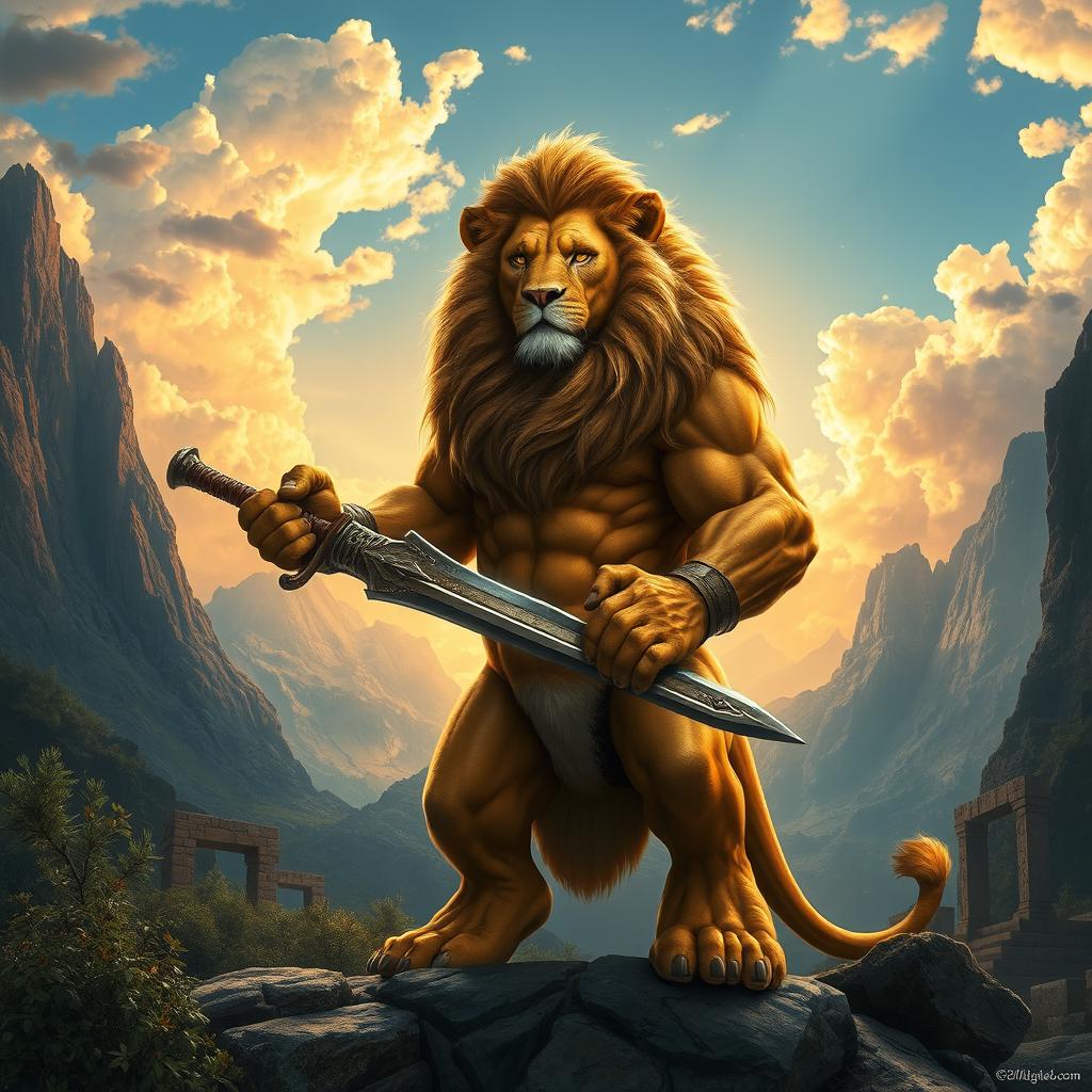 A majestic lion with a muscular yet agile stature stands proudly in a mythical barbarian setting