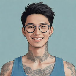 An anime-style illustration of a young Asian man with a friendly smile. He wears modern glasses and sports expertly crafted tattoos on his neck.