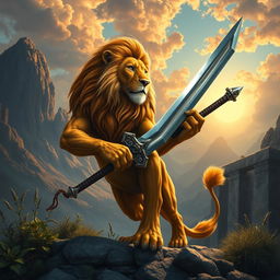 A majestic lion with a muscular yet agile stature stands proudly in a mythical barbarian setting