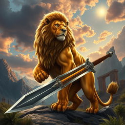 A majestic lion with a muscular yet agile stature stands proudly in a mythical barbarian setting