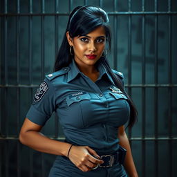 A sexy Indian policewoman with large breasts is standing confidently inside a jail setting