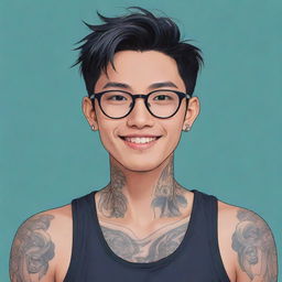 An anime-style illustration of a young Asian man with a friendly smile. He wears modern glasses and sports expertly crafted tattoos on his neck.