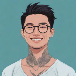 An anime-style illustration of a young Asian man with a friendly smile. He wears modern glasses and sports expertly crafted tattoos on his neck.