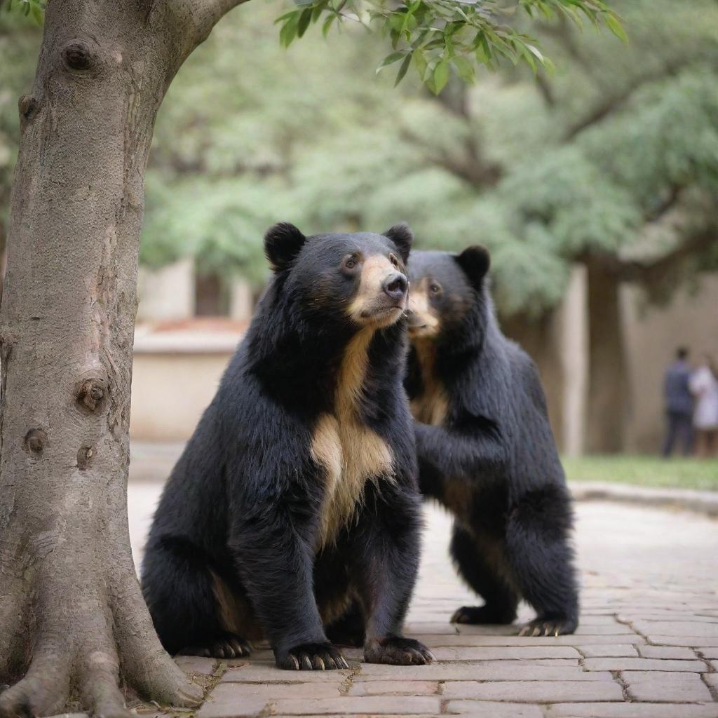 An adorable spectacled bear, looking joyfully into the eyes of another bear under a sprawling tree amidst a bustling school courtyard, both are carrying wear backpacks, indicating a meeting that is love at first sight.