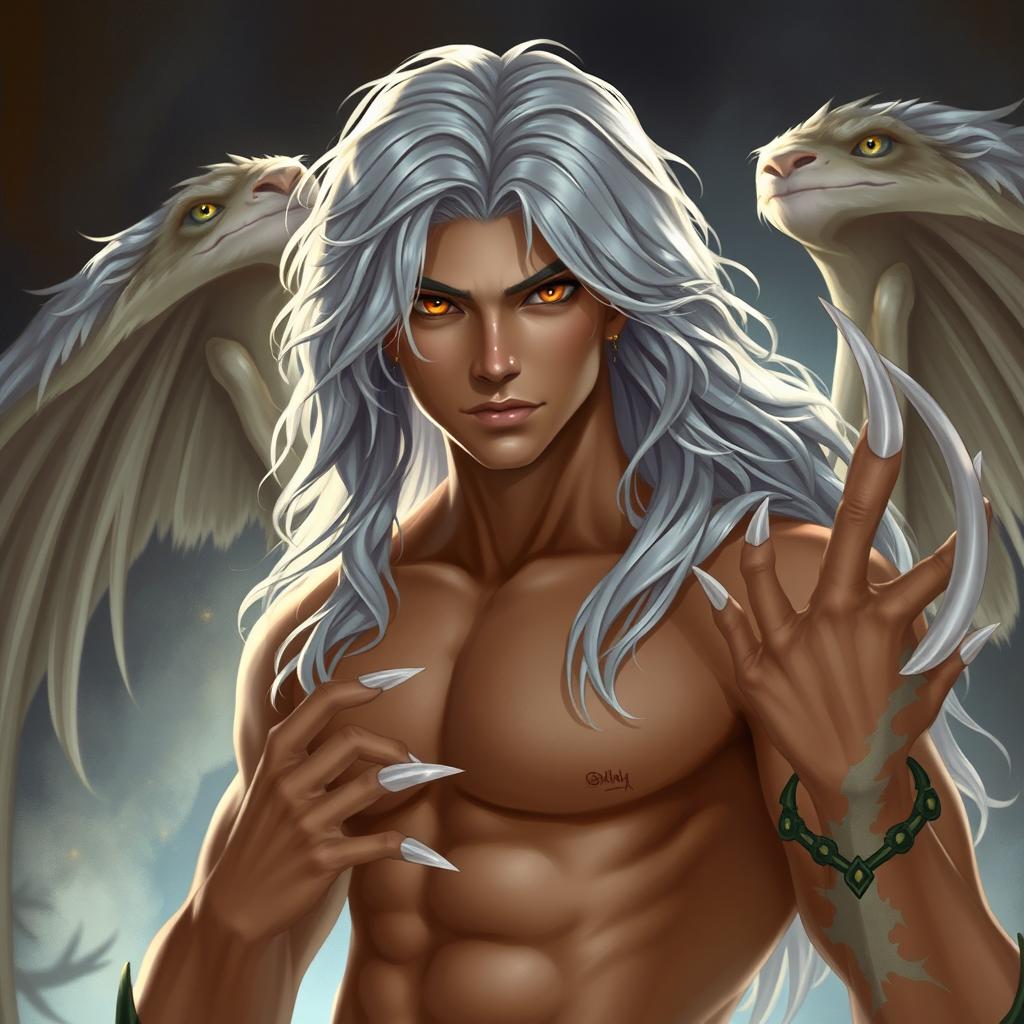 A Nephalem male characterized by long wavy silver hair, striking amber eyes, and sharp white claws