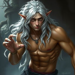 A Nephalem male characterized by long wavy silver hair, striking amber eyes, and sharp white claws