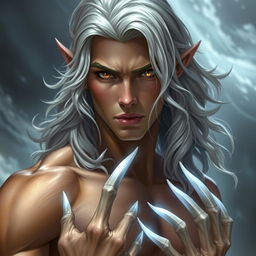 A Nephalem male characterized by long wavy silver hair, striking amber eyes, and sharp white claws