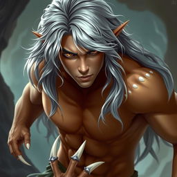 A Nephalem male characterized by long wavy silver hair, striking amber eyes, and sharp white claws