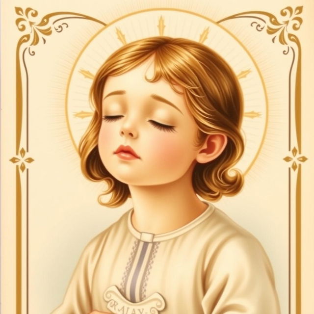 A Catholic holy card featuring a girl with her eyes closed, radiating a sense of tranquility and divine devotion