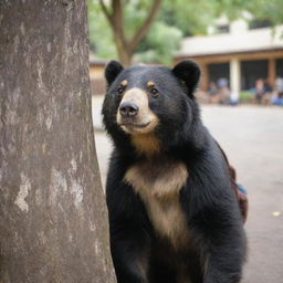 An adorable spectacled bear, looking joyfully into the eyes of another bear under a sprawling tree amidst a bustling school courtyard, both are carrying wear backpacks, indicating a meeting that is love at first sight.