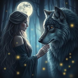 A mystical, enchanting scene depicting a deep connection between a woman and a wolf, set in a twilight forest