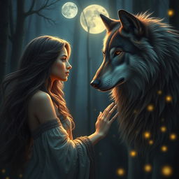 A mystical, enchanting scene depicting a deep connection between a woman and a wolf, set in a twilight forest