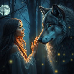 A mystical, enchanting scene depicting a deep connection between a woman and a wolf, set in a twilight forest