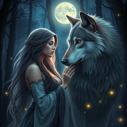 A mystical, enchanting scene depicting a deep connection between a woman and a wolf, set in a twilight forest