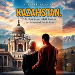 A novel cover for an Islamic adventure romance titled 'KAZAKHSTAN… Biz Qayta Kelemiz! Di Balik Konspirasi; antara Cinta dan Airmata'