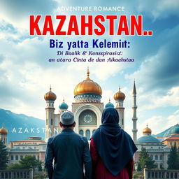 A novel cover for an Islamic adventure romance titled 'KAZAKHSTAN… Biz Qayta Kelemiz! Di Balik Konspirasi; antara Cinta dan Airmata'