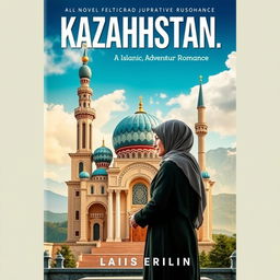 A novel cover for an Islamic adventure romance titled 'KAZAKHSTAN… Biz Qayta Kelemiz! Di Balik Konspirasi; antara Cinta dan Airmata'