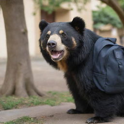 An adorable spectacled bear, looking joyfully into the eyes of another bear under a sprawling tree amidst a bustling school courtyard, both are carrying wear backpacks, indicating a meeting that is love at first sight.