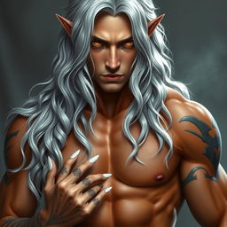 A stunning Nephalem male with long, wavy silver hair cascading around his shoulders