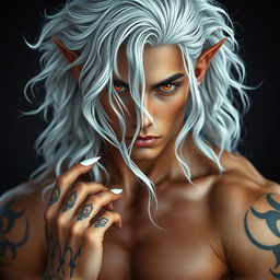 A stunning Nephalem male with long, wavy silver hair cascading around his shoulders