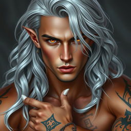 A stunning Nephalem male with long, wavy silver hair cascading around his shoulders