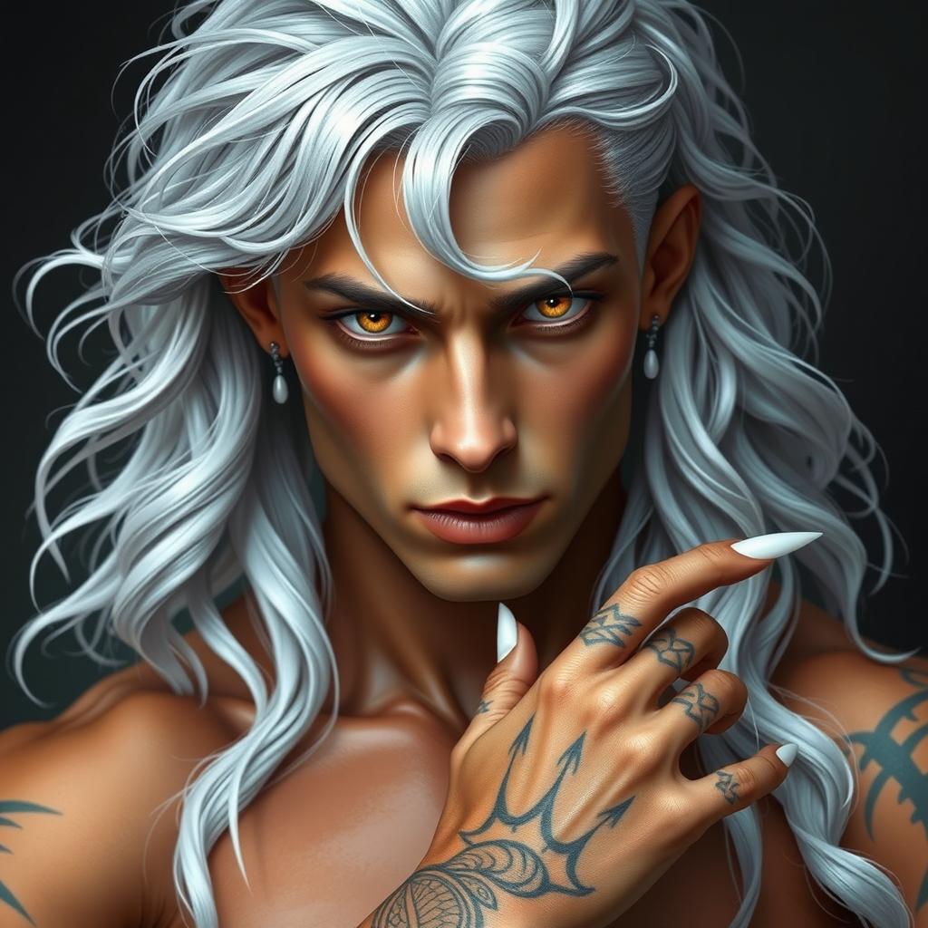 A stunning Nephalem male with long, wavy silver hair cascading around his shoulders