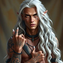 A striking Nephalem male with long, wavy silver hair that elegantly frames his face