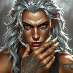 A striking Nephalem male with long, wavy silver hair that elegantly frames his face