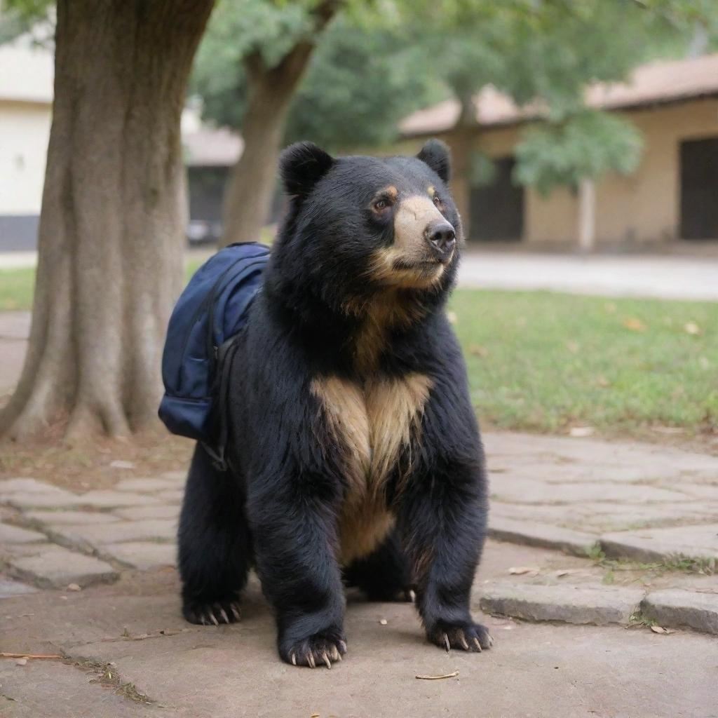 An adorable spectacled bear, looking joyfully into the eyes of another bear under a sprawling tree amidst a bustling school courtyard, both are carrying wear backpacks, indicating a meeting that is love at first sight.