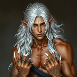 A striking Nephalem male with long, wavy silver hair that elegantly frames his face