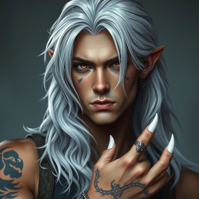 A striking Nephalem male with long, wavy silver hair that elegantly frames his face