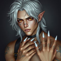 a Nephalem male around 25 years old with long, wavy silver hair and striking amber eyes