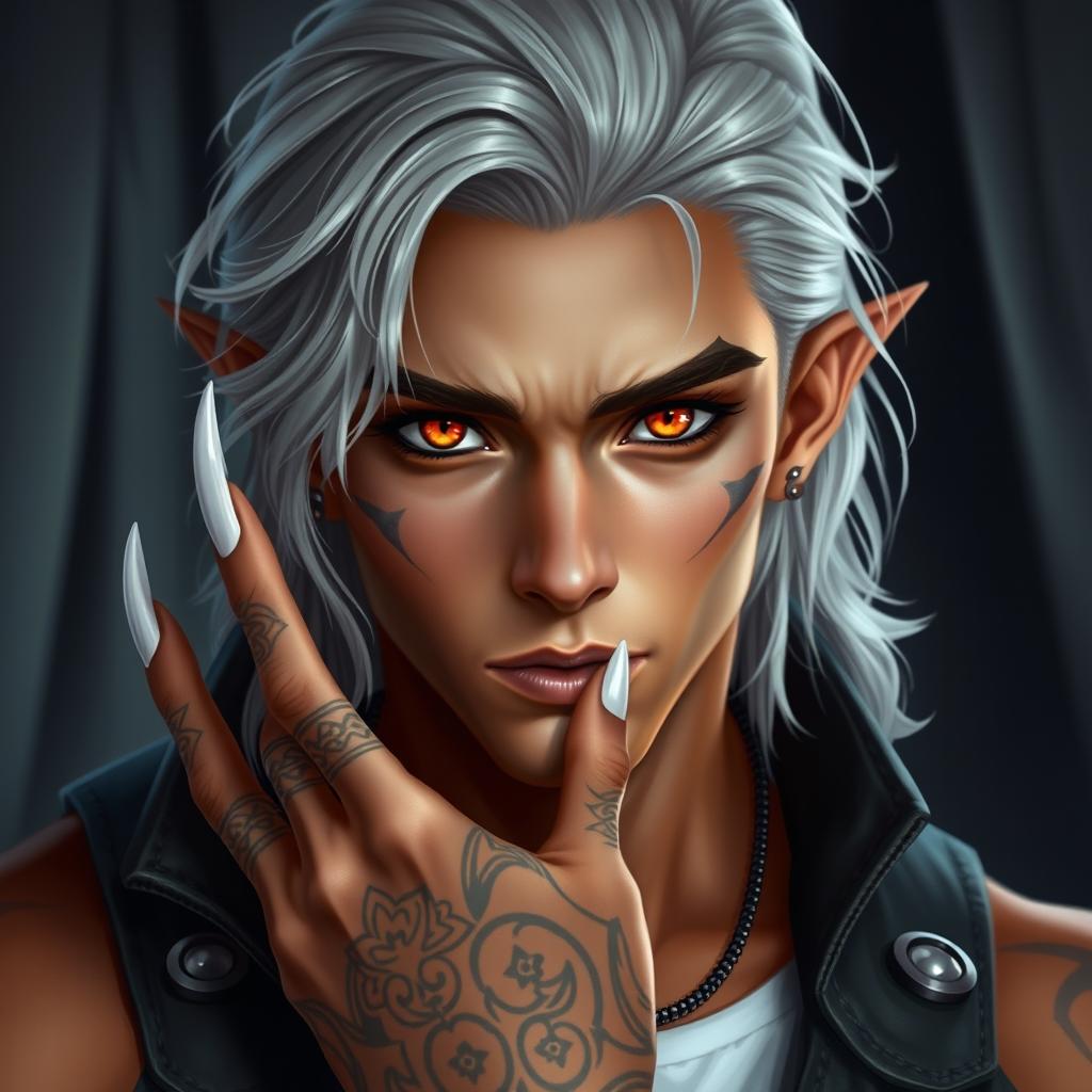 a Nephalem male around 25 years old with long, wavy silver hair and striking amber eyes