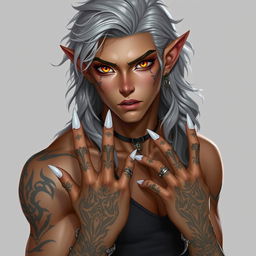 a Nephalem male around 25 years old with long, wavy silver hair and striking amber eyes