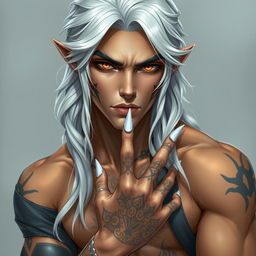 a Nephalem male around 25 years old with long, wavy silver hair and striking amber eyes